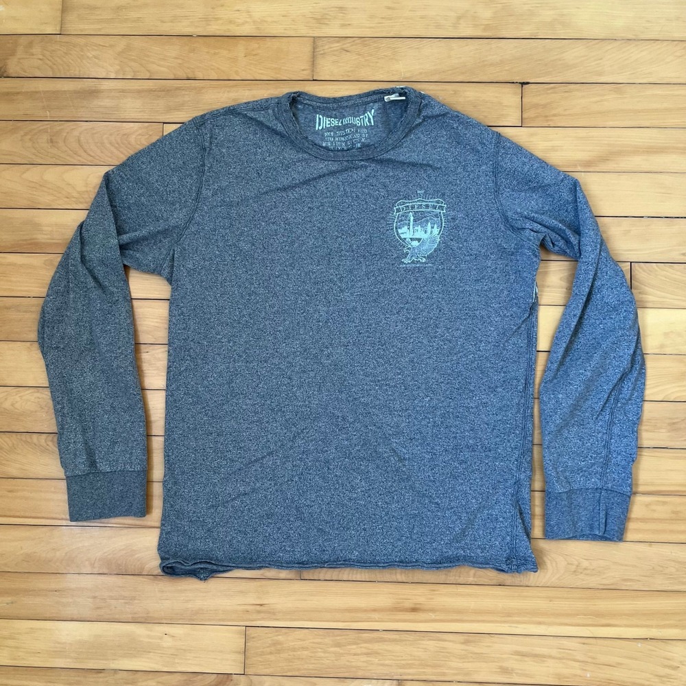 Diesel Industry Mens Gray Heathered Graphic Long Sleeve T-Shirt Crew Neck Cotton